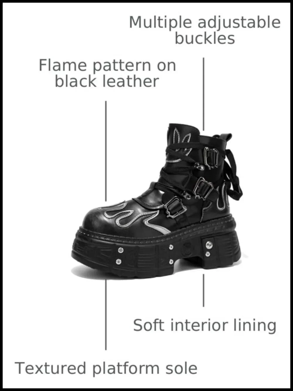 Men's Black Leather Platform Motorcycle Ankle Boots Flame Pattern Side Zipper